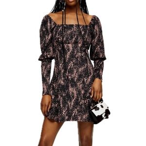 Topshop Spot Print Crinkle Square Neck Long Sleeve Mini Dress Pink Black Size 2